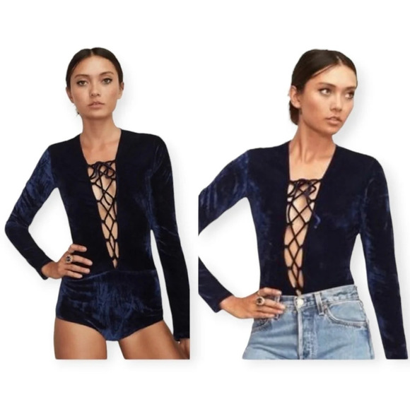 Reformation Avalon Blue Velvet Lace Up Bodysuit Plunging V-Neck Pong Sleeve XS - Picture 16 of 16